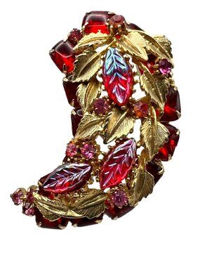 Vintage Juliana Style Brooch with Red Pink Rhinestones & Gold Tone